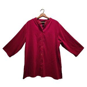 Denim & Co. Button Down Shirt Jacket Womens Size 1X Red 3/4 Casual Sleeve Slit